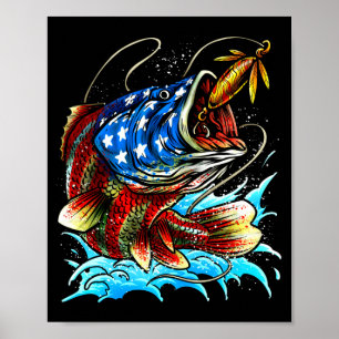 Poster Pêche au bass drapeau américain grande bouche patr