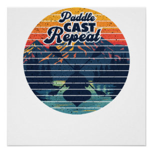 Poster Pêche en kayak Rame Crépuscule Rétro