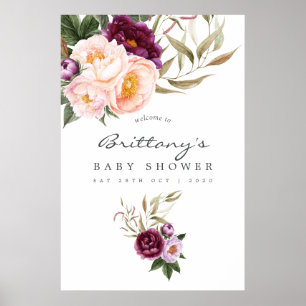 Poster Pêche et Bourgogne Baby shower Floral Bienvenue