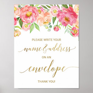 Poster Pêche et Pivoine Rose Panneau d'Adresse d'Une Enve