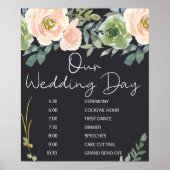 Poster Pêche Green Navy Pastel Floral Mariage Horaire (Devant)