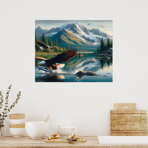 Poster Pêche majestueuse d'aigle au lever du soleil