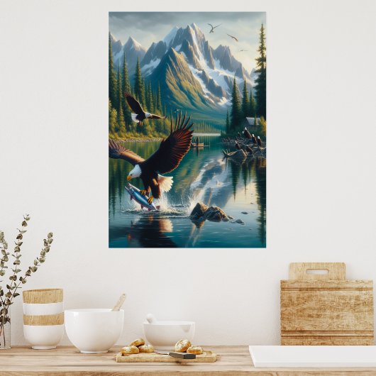 Poster Pêche majestueuse d'aigle au lever du soleil (Cuisine)