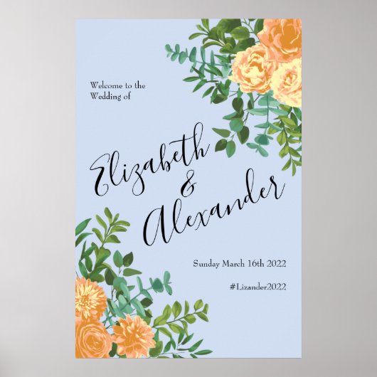 Poster Pêcher bleu clair Mariage Roses Floral (Devant)