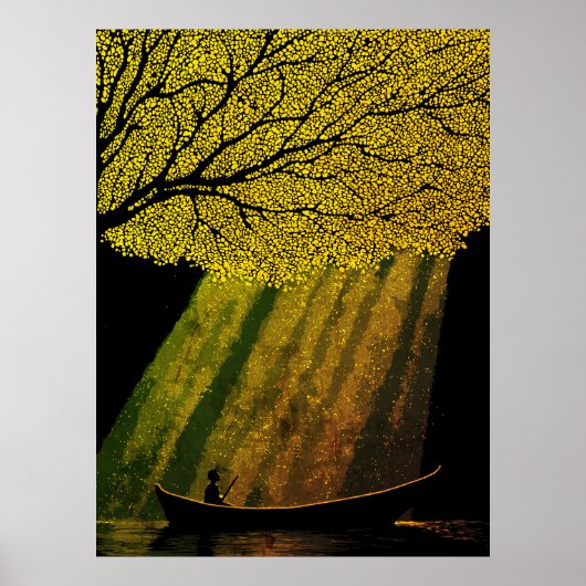 Poster Pêcheur la nuit sous la canopée d'un arbre géant (Devant)