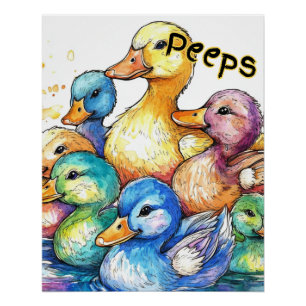 Poster Peeps-Ducks Aquarelle pour enfants
