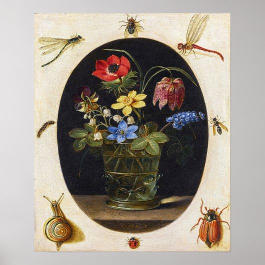 Poster Peeters - Fleurs dans un vase en verre, insectes e (Devant)