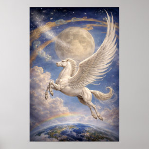 Poster Pégase volant entre la Terre et la Lune, art fanta