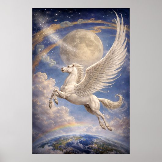 Poster Pégase volant entre la Terre et la Lune, art fanta (Devant)