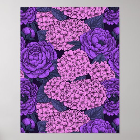 Poster Peine et hydrangée en rose et violet (Devant)
