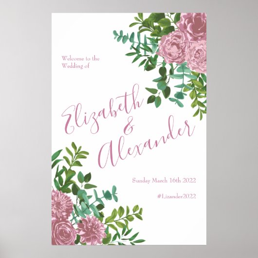 Poster Peine rose pâle et Mariage Rose Floral (Devant)