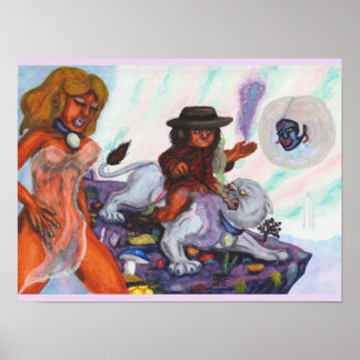 Poster Peinture à l'aquarelle Éros chevauche la lionne Au