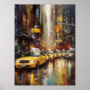 Poster Peinture à l'huile abstraite de taxis jaunes de la