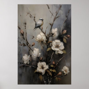 Poster Peinture à l'huile antique d'arbres d'oiseaux, Vin