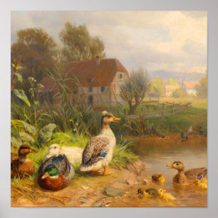 Poster Peinture à l'huile antique d'étang aux canards de 