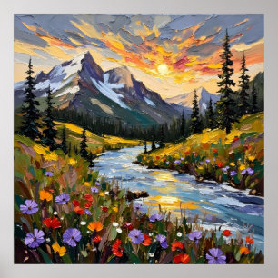 Poster Peinture à l'huile Carré de Sunrise Mountain Vibra