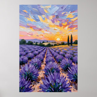 Poster Peinture à l'huile Coucher de soleil sur champ de 