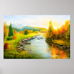 Poster peinture à l'huile de beau paysage d'automne, forê