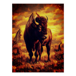 Poster Peinture à l'huile de bison majestueux – Coucher d