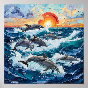 Poster Peinture à l'huile de dauphins sur paysage marin a