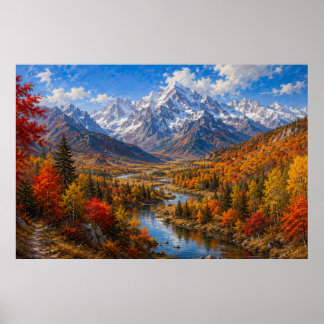 Poster Peinture à l'huile de la vallée montagneuse d'auto