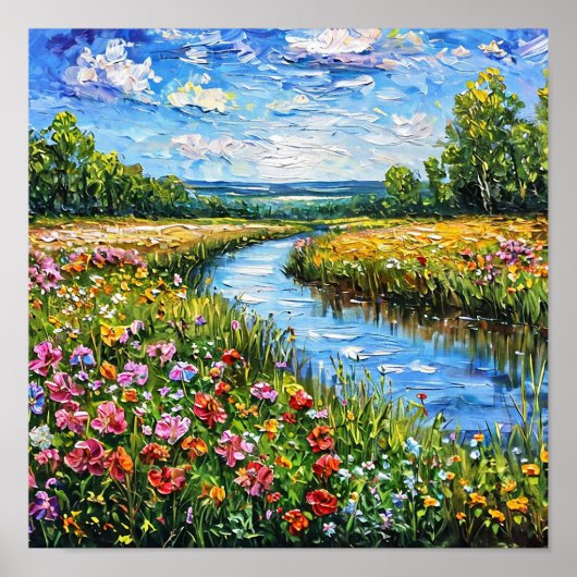 Poster Peinture à l'huile de lac et de champs de fleurs (Devant)