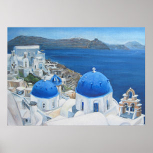 Poster Peinture à l'huile de l'église bleue Santorin Oia