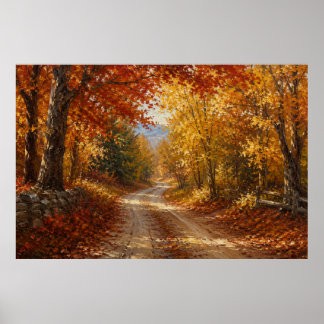 Poster Peinture à l'huile de route de forêt automnale