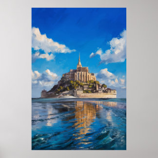 Poster Peinture à l'huile du Mont Saint-Michel en grand j