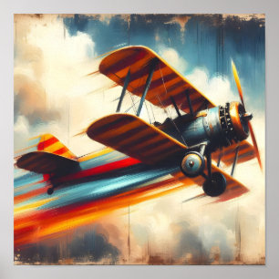 Poster Peinture à l'huile d'un biplan rétro vintage