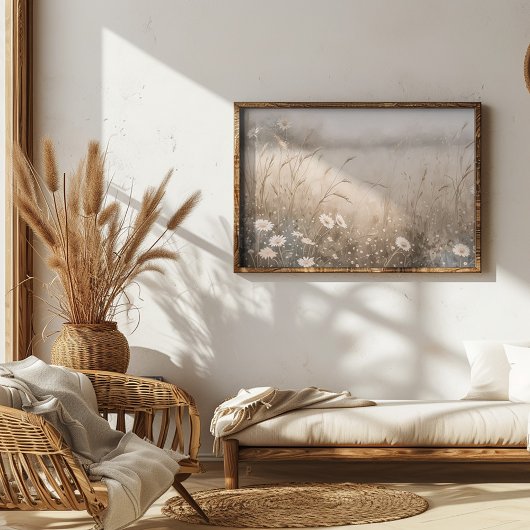 Poster peinture à l'huile d'un champ de fleurs et d'herbe