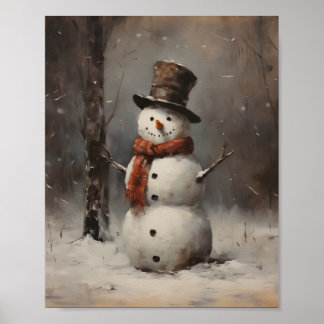 Poster Peinture À L'Huile D'Un Snowman Portant Un Casquet