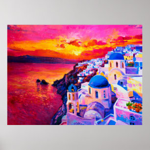 Poster peinture à l'huile sur toile. Coucher de soleil su
