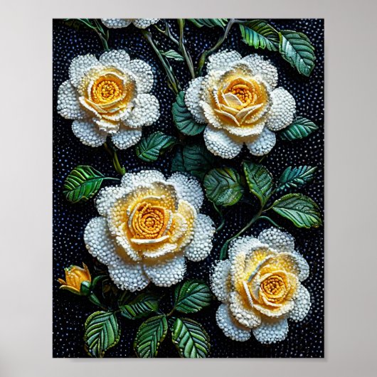 Poster Peinture à points de roses blanches élégantes Art (Devant)