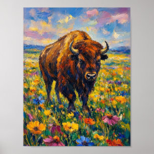 Poster Peinture abstraite de buffle dans un champ de fleu