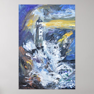 Poster Peinture acrylique à l'impasto d'un phare dans une