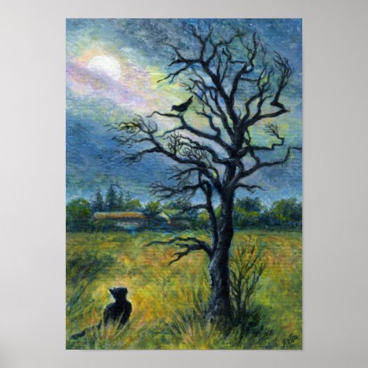 Poster Peinture acrylique, Chat & Oiseau & Lune (Devant)
