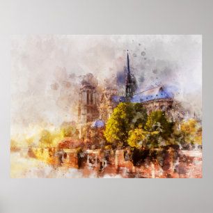 Poster Peinture aquarelle Cathédrale Notre-Dame au lever