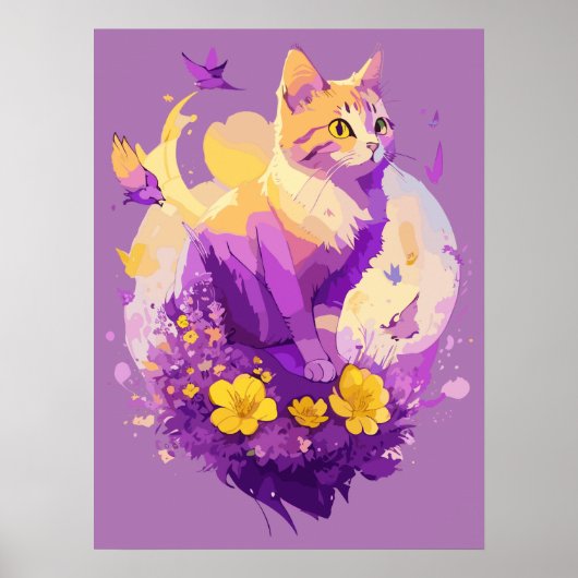 Poster Peinture aquarelle de chat mignon avec flore (Devant)
