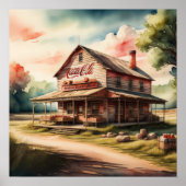 Poster Peinture aquarelle de la boutique de pays antique (Devant)