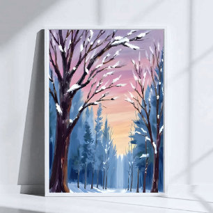 Poster Peinture aquarelle de la forêt hivernale sous une