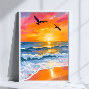 Poster Peinture aquarelle de la plage au coucher du solei