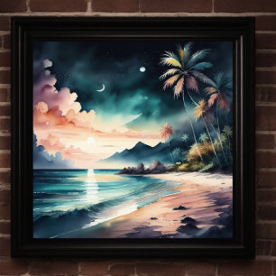 Poster Peinture aquarelle de la plage tropicale à la nuit
