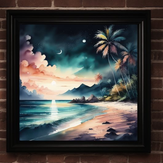 Poster Peinture aquarelle de la plage tropicale à la nuit