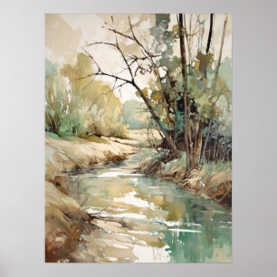 Poster Peinture aquarelle de la rivière de la forêt