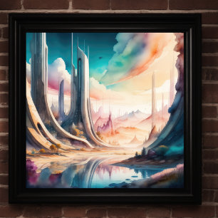 Poster Peinture aquarelle de la ville futuriste