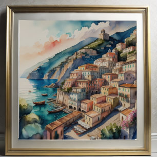Poster Peinture aquarelle de la ville méditerranéenne eur
