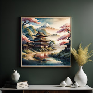 Poster Peinture aquarelle de l'ancien village japonais