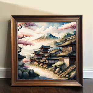 Poster Peinture aquarelle de l'ancien village japonais