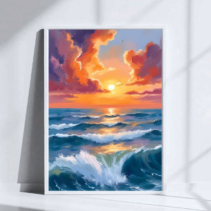 Poster Peinture aquarelle de l'océan au coucher du soleil